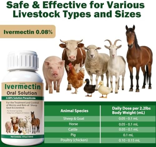 Ivermectin Liquid for Sheep, Goat, Poultry & More, Supports Gut & Digestive Health, Overall Vitality, 120mL