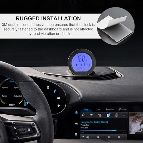 Car Digital Thermometer Clock, Dashboard Clock with Backlight Fahrenheit Celsius Temperature Display, Mini Adhesive 24 Hour Format Time Clock Calendar for Car Truck Home