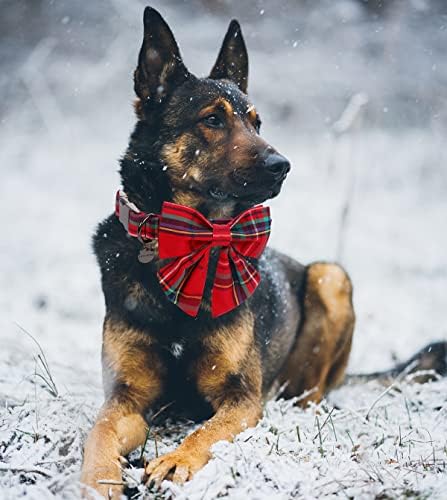 DOGWONG Christmas Dog Collar with Sailor Bow, Red Plaid Dog Collar Soft Durable Adjustable Cotton Red Tartan Gingham Puppy Collar for Small Medium Large Dog