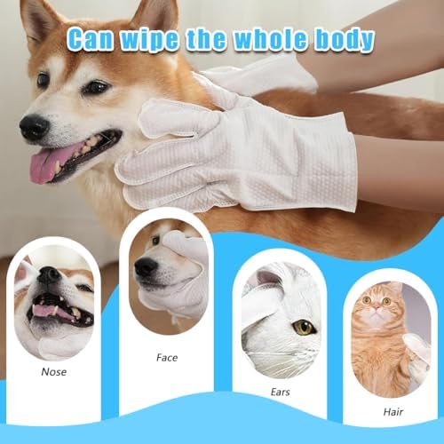 Dog and Cat Cleaning Gloves, Cleaning and Deodorizing Grooming Gloves, Dog and Cat Fur Face, Ears, Eyes, Paws Cleaner, Pet Grooming Wipes, Nourishing Fur, for Daily Care and Travel, No Rinse (12 Pcs)