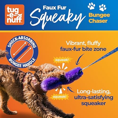 Tug-E-Nuff Faux Fur Squeaky Bungee Chaser Dog Toy (Teal), 46.5 in