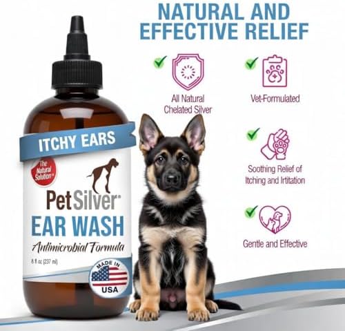 PetSilver Natural Ear Wash Cleaner for Dogs & Cats, Infections, 8 fl oz
