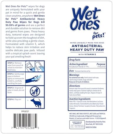 Wet Ones for Pets Antibacterial Dog Paw Wipes, Tropical Splash, 50 Count