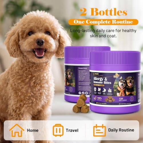 Dog Allergy Chews for Dogs - Skin & Coat, Digestive Health & Immune Support, Peanut Butter Flavor, 2 Bottles, 240 Soft Chews