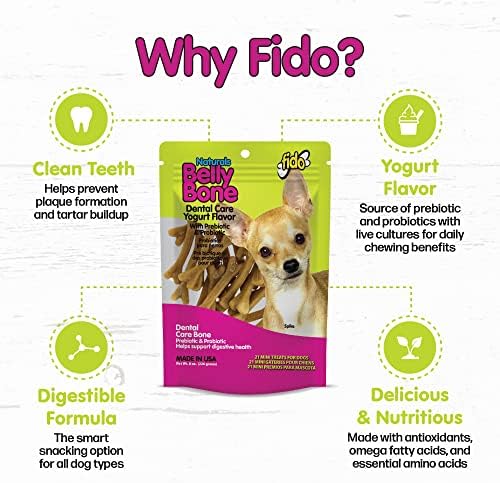 Fido Belly Bones for Dogs, Mini - 21 Count - Yogurt-Flavor Dental Treats for Small Dogs - Plaque & Tartar Control for Fresh Breath - Digestive Support - Made in USA
