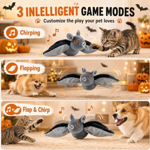 Flying Bat Toy for Dogs & Cats, Flapping Wings Interactive Pet Toy，Realistic Bat Flight, Authentic Chirping/Feather Sounds, Hanging and Ground Play 1pc