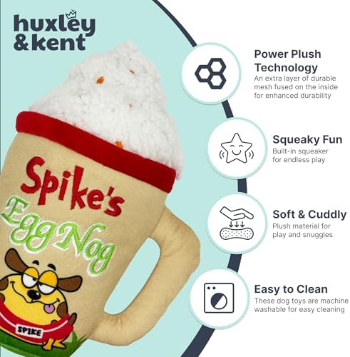 Huxley & Kent Funny Dog Toy w/Squeaker – Holiday Power Plush Squeaky Dog Toys for Small, Medium & Large Dogs – Soft Stuffed Animal for Indoor Play & Fetch - Spikes Egg Nog, Small