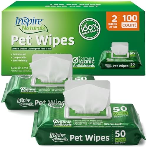 Inspire Naturals Pet Wipes for Dogs and Cats 100% Natural Plant Based with Organic Antioxidants, Dog Wipe Cleaning Deodorizing | Puppy Wipes | Dog Wipes for Paws and Butt(100ct - 2 Pack)