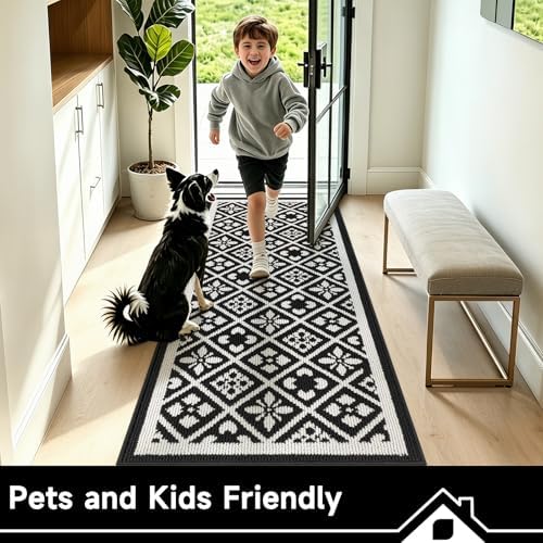 Ileading Hallway Runner Rug 2x8 ft,Washable Indoor Black Carpet with Non Slip Rubber Backing,Low Pile Durable Kitchen Floor Mat for Laundry Entryway Door & High Traffic Areas