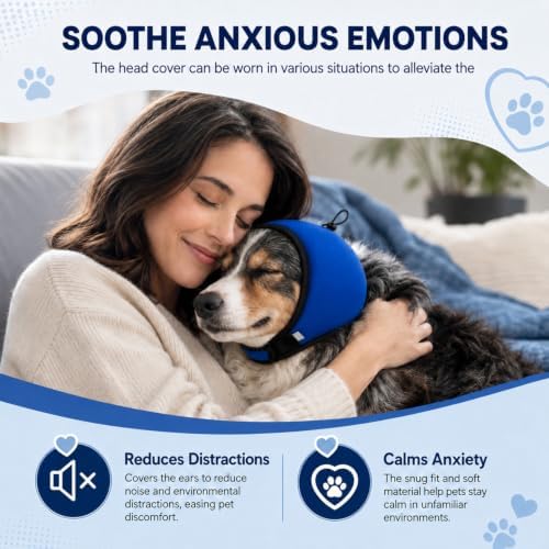 Adjustable Dog Quiet Ear Muffs Calming Ear Hoodie, Noise Canceling Breathable Ear Wraps for Dog Anxiety Relief, Ear Covers for Fireworks Thunderstorm Grooming Force Drying Noise Protection (Blue, L)