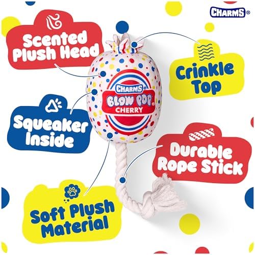 Blow Pop Plush & Rope Dog Toy – Scented Squeaky Plush with Durable Rope Stick – Tug, Fetch & Chew Toy for Dogs – Available in Jumbo & Medium Sizes – Apple, Cherry, Grape & Watermelon