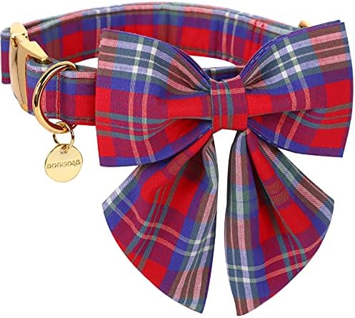 DOGWONG Cotton Dog Collar with Bowtie, Stylish Christmas Red Plaid Dog Collar Adjustable Puppy Necklace for Small and Medium Dogs