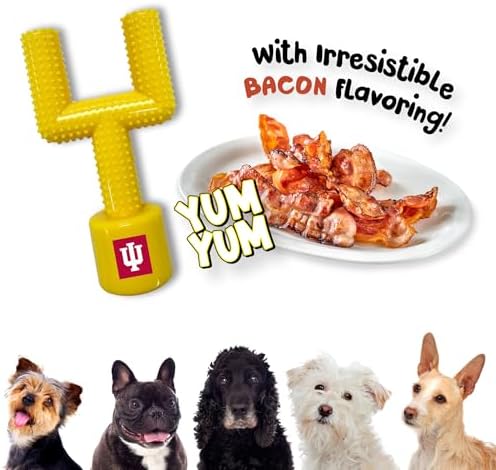 NCAA Indiana Hoosiers Mega-Chew Hard Nylon Bacon-Flavored Dog Bone Football Goal-Post Chew Toy. Interactive, Tasty & Fun Dog Chew Toy. Indestructible, Strong, Tough & Durable Pet Chew Toys