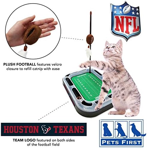Pets First Catnip Toy HOUSTON TEXANS FOOTBALL FIELD CAT SCRATCHER TOY with CATNIP Filled Plush FOOTBALL Toy & Feather Cat Toy hanging, with Jingle Bell INTERACTIVE BALL Cat Chasing 5-in-1 KITTY Toy