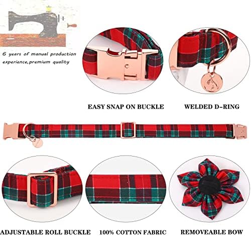 DOGWONG Christmas Dog Collar with Flower, Red Plaid Dog Collar Soft Durable Adjustable Cotton Red Green Tartan Puppy Collar for Small Medium Large Dog