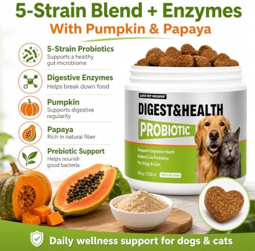 Probiotic Chews for Dogs & Cats Digestive & Gut Health Support, Help Your Pets Skin Coat & Immune Support, 5-Strain Blend, Prebiotics & Enzymes, Pumpkin, Papaya, Chicken Flavor, 100 Count