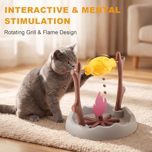 Cat Slow Feeder Puzzle Toy, Rotatable Campfire Roast & Flame Interactive Treat Dispenser for Indoor Cats, Dry Food/Treat Dispensing Enrichment Toy for Mental Stimulation and Slow Eating