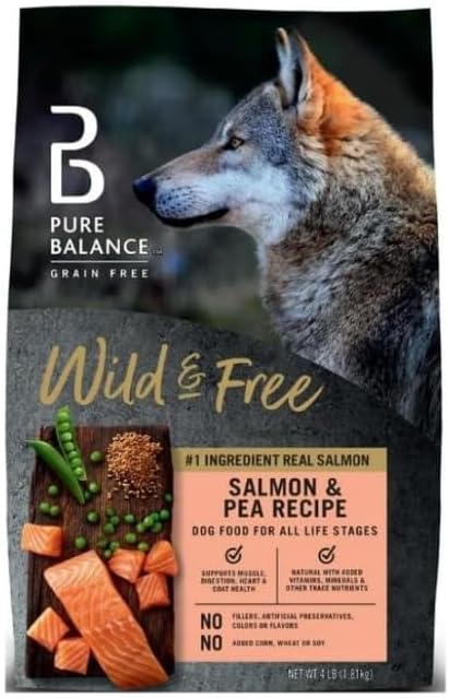 Pure Balance Wild & Free Salmon & Pea Recipe Dry Dog Food, Grain~Free, Real Salmon First Ingredient, No Fillers or Artificial Preservatives, Supports Muscle, Digestion, Heart, and Coat Health ~ 4 Lbs
