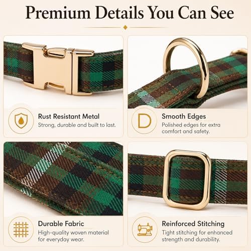 Soft Cotton Dog Collar Classic Plaid Pet Collars with Metal Clasp for Large Dogs with Sensitive Skin, Forest Green