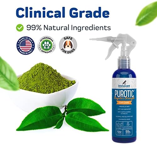 Innovet PurOtic Ear Cleaner for Dogs & Cats with Silicone Applicator Made With Essential Oils - 100% Made In USA - Regular Strength 4 oz Bottle