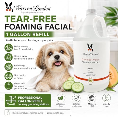 Warren London Foaming Pet Facial – Tear Free Dog Face Wash & Tear Stain Remover | Gentle Puppy & Dog Face Shampoo | Cucumber Melon Scent | Made in USA | 1 Gallon Refill