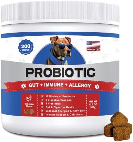 Probiotics for Dogs, Gut Digestive Health Probiotic Chews - Digestive Enzymes & Prebiotics, Pumpkin, Salmon Oil, Support Gut Health, Gas & Immune Supports, 200 Dog Probiotics Chews