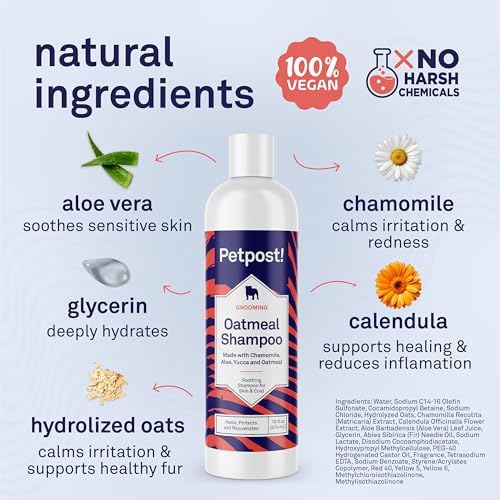 Petpost | Oatmeal & Chamomile Dog Shampoo. Soothes Dry, Sensitive Skin, Moisturizes & Softens Coat with Aloe & Yucca. 16 oz
