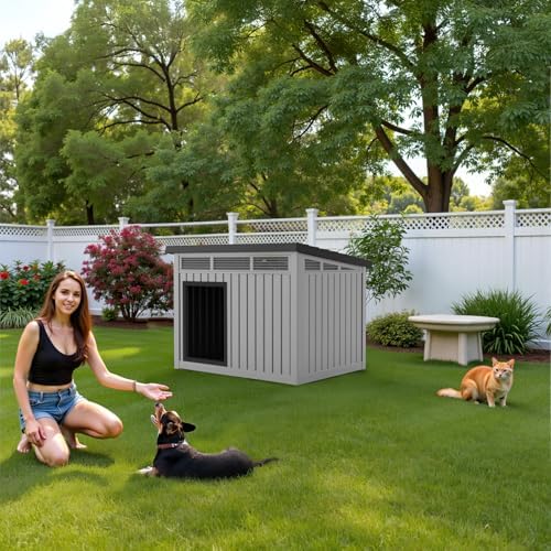 VIXZEN Dog House Indoor Outdoor,Waterproof Dog House for Small to Large Dogs,Doghouse with Air Vents & Elevated Floor,Openable at the Top,Easy to Assemble & Clean, Grey