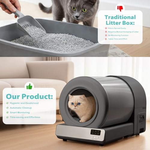 Stainless Steel Self-Cleaning Cat Litter Box, Automatic Cat Litter Box with Safety Sensors, Odor Control, APP Monitoring, Low Entry Design, Large Capacity for Multiple Cats