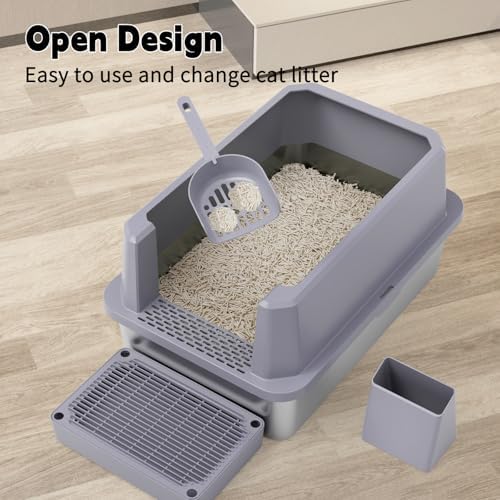 RIZZARI Open Cat Litter Box: Stainless, High Sided, Easy Clean
