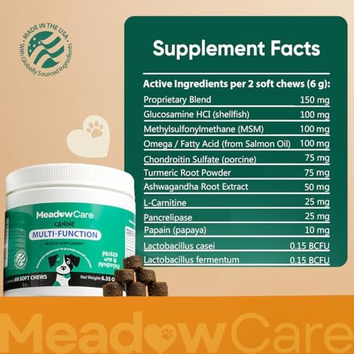 Multi-Function Supplement for Dogs | Supportive Daily Nutritional Soft Chews | Joint Mobility, Skin & Coat | Immune Support with Probiotics | 60 Count, 180 g (6.35 oz) | by Meadowcare