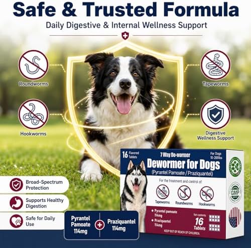 7-Way Dewormer for Dogs, Wormer for Tapeworms, Roundworms & Hookworms in Large Medium Dogs & Puppies (Over 10 lbs), with Praziquantel & Pyrantel Pamoate, 16 Tablets