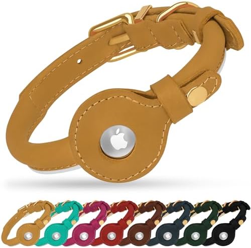 OOPSDOGGY Rolled Leather Dog Collar with Airtag Holder - Reflective Round Airtag Dog Collar - Soft Tracking Pet Collar for Small Dogs Puppy Cats Kitten (Camel, XL, 17"-21")