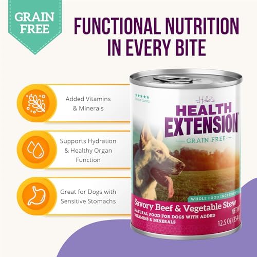 Health Extension Savory Beef Stew Grain-Free Wet Dog Food, 12.5 oz - Protein-Rich, Hydration Support, Ideal for All Breeds (Case of 12 Cans)
