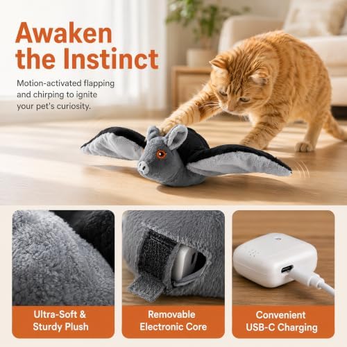 Flying Bat Dog Toy, Touch Activated Flapping Wings Interactive Pet Teaser, Motion Sensor Electric Squeaky Bird Doll for Aggressive Chewers Cats Puppy (A)