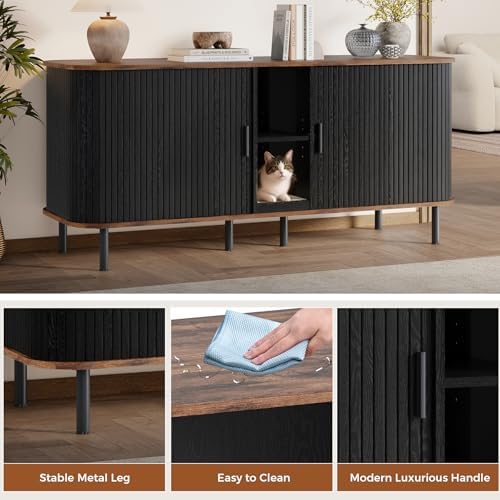 58'' Double Cat Litter Box Enclosure with Sliding Door, Black