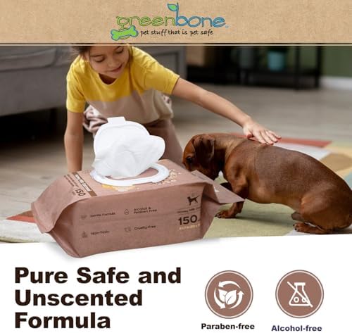 Greenbone Dog Wipes Natural and Safe for Grooming Paws, Body and Butt Cleaning Deodorizing Honey Milk Oatmeal 150 Wipes