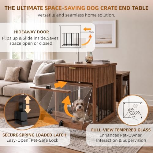 Dog Crate End Table with Charging Station, Wooden Dog Kennel Furniture with Hideaway Tempered Glass Door, Multi-Functional Pet Station Side Table with Storage Drawer (Antique Brown)