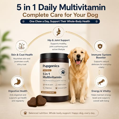 Pupganics Multivitamin Daily Soft Chews for Dogs,Pupganics 5 in 1 Multivitamin,with Chondroitin & Natural Vitamins,for Hip & Joint, Heart Health, Skin & Coat, Digestion & Immune Support, 60 Chews.