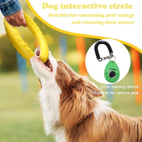 Dog Training Ring - Pet Fun Training Set of Yellow Interactive Dogs Ring and Green Pet Training Clicker,dogtraining Toy/Dog chew Toy for Aggressive chewers,Medium-Sized/Large