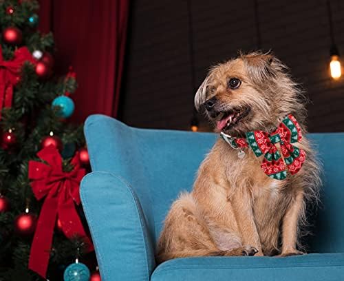 DOGWONG Christmas Dog Collar with Sailor Bow tie, Red Green Strip Snowflake Dog Collar Soft Durable Adjustable Cotton Puppy Collar for Small Medium Large Dog