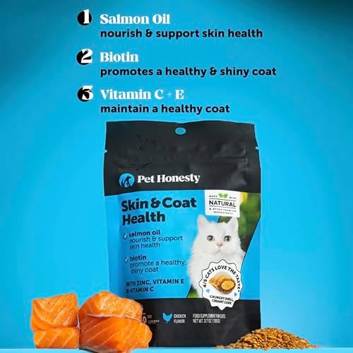 Cat Skin & Coat Supplement Crunchy Creamy Chews - Salmon Oil for Cats Omega 3 Itchy Dry Skin Relief - Feline Shedding Control - Biotin Vitamins for Indoor Cats Shiny Soft Coat (90-Day Supply)