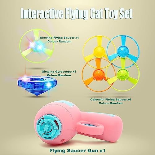 Cat Fetch Toy, Interactive Flying Cat Toy with 1 Light Up Spinning Tops, 1 LED Propellers and 4 Flying Propellers,Kitten Tracks Toy for Training Hunting Chasing(Pink)