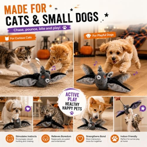 Flying Bat Dog Toy, Flapping Bat Dog Toy for Dogs & Cats, Flapping Wings Interactive Pet Toy with Chirping Sounds, Hanging and Ground Play with Detachable USB Rechargeable，1pcs