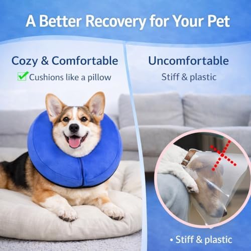 Inflatable Dog Cone Collar Alternative – Soft Recovery Donut E-Collar for Small, Medium, and Large Dogs & Cats After Surgery (Blue, M [13"-18"])