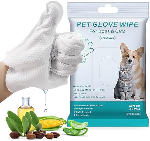 Pet Glove Wipes for Dogs Cats, Dog Cleaning Gloves, Dog Wipes Cleaning Deodorizing, Pet Wipes for Dogs Cats, Extra Thick, Unscented Rinse Free Nourish Fur Glove Wipes for Daily Care and Traveling-6pcs