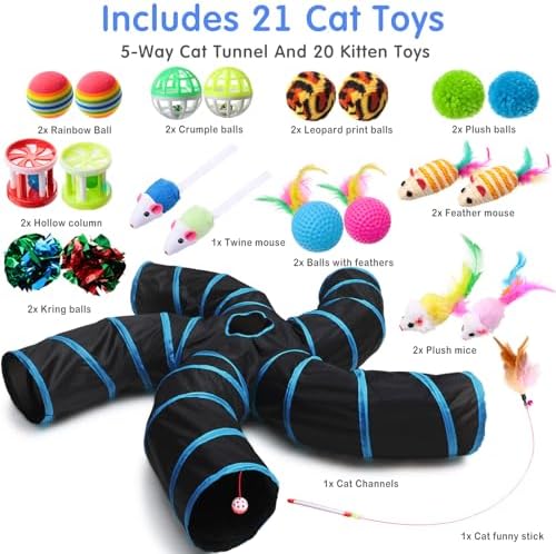Poen 21 Pcs Cat Tunnel for Indoor Set Collapsible 5 Way Tubes with 20 Pcs Cat Kitten Toys Interactive Feather Toy Mouse Crinkle Balls Tube for Puppy Kitten Rabbit(Blue Black)