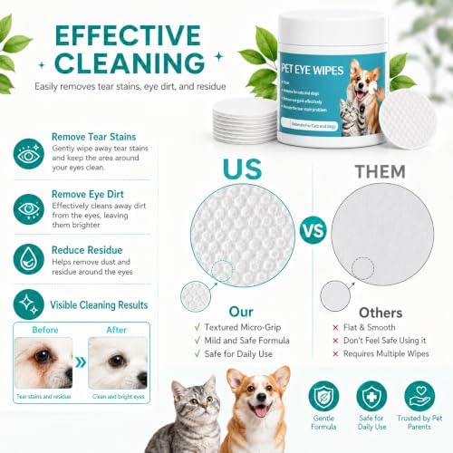 Wanban 2Pcs Eye Defense Wipes, Tear Stain Remover for Pet,Gentle Eye Wipes for Dogs,Keeps Your Dog’s Eyes Clean, Daily Eye Cleaning Wipes for Dogs and Cats, Each Box 100 Wipes
