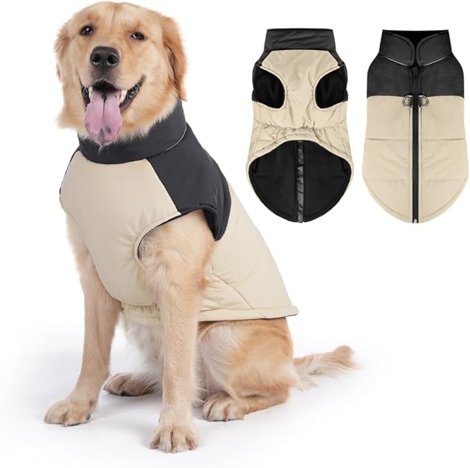 Dog Coat, Waterproof Dog Winter Jacket in Puppy Cold Weather Windproof Coats Reflective Pet Vest, Zip-Up Cold Weather Coats for Small Medium Dogs (Beige and Black, L)