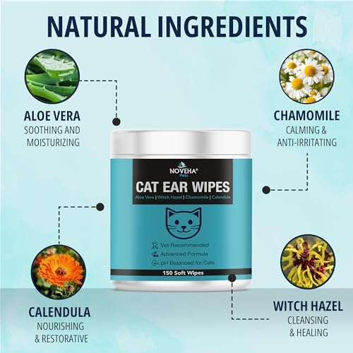 NOVEHA 150 PCs Cat Ear Wipes that Gently Clean & Soothe Sensitive Cat Ears; Soft Ear Cleaner for Removing Wax, Dirt & Odor; Alcohol-Free Ear Care with pH Balanced Formula; Unscented Grooming Care